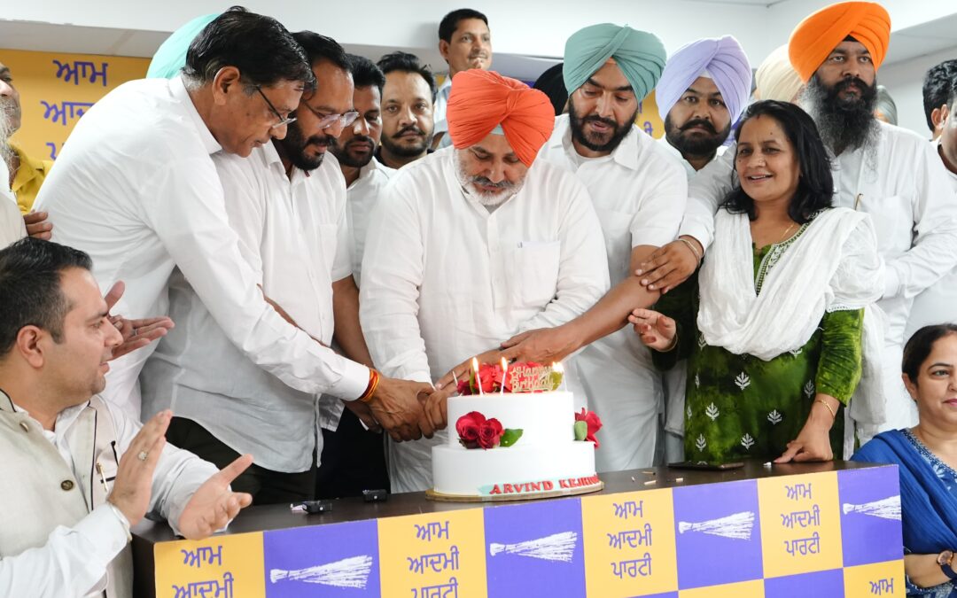 AAP Punjab leaders and volunteers celebrate Arvind Kejriwal’s Birthday at the party office in Chandigarh